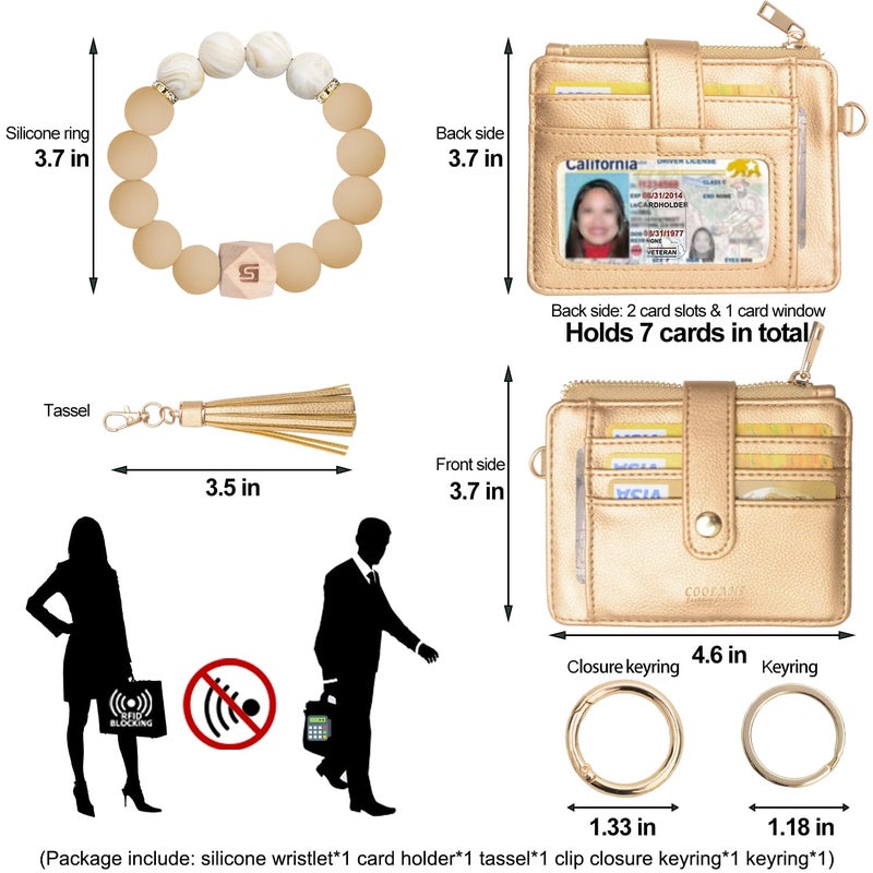 COOLANS Wristlet Bracelet Keychain Pocket Credit Card Holder Purse Tassel Keychain Bangle Key Ring for Women (Silicone Bead Bracelet+Card Purse (Coffe gold)) - Image 2